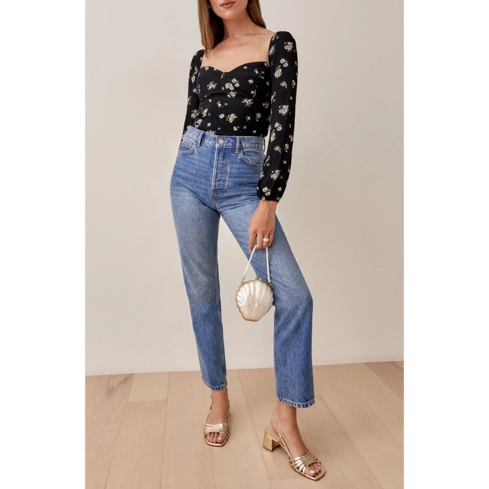 Reformation Reign Floral Long Sleeve Top in Daisy Black White Size 12